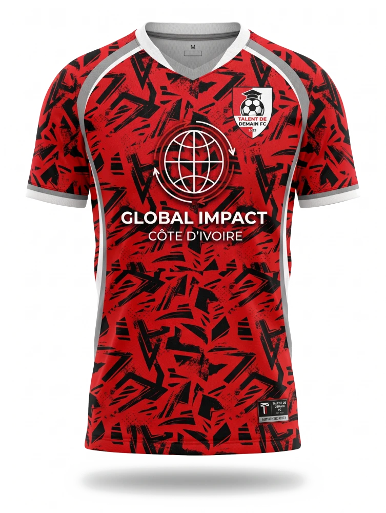 Maillot alternatif du Talent de Demain FC — rouge à motif graffiti noir, manches raglan blanches