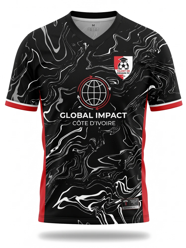 Maillot extérieur du Talent de Demain FC — noir marbré, panneaux et poignets rouges