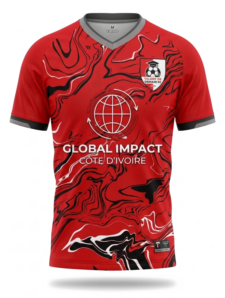 Maillot domicile du Talent de Demain FC — rouge marbré, finitions noir et gris